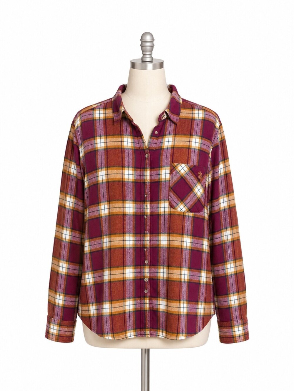 U.S. Polo Assn. Women’s Plaid Flannel Shirt Burgundy Mustard Button Front - XXL